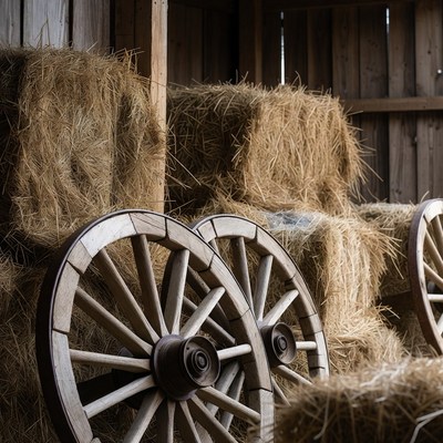 Hay Bales and Wagon Wheels in Barn