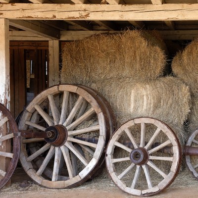 Wooden Wagon Wheels and Hay Bales
