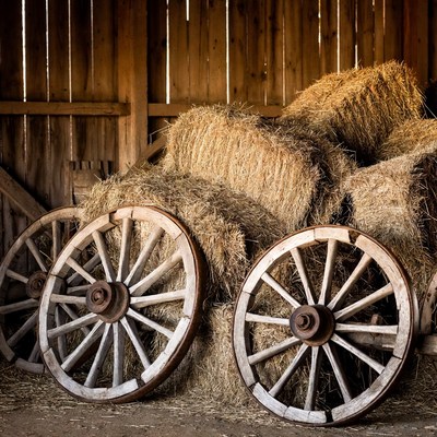 Hay Bales and Wagon Wheels in Barn