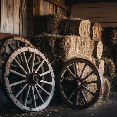 Old wagon wheels and hay bales in barn