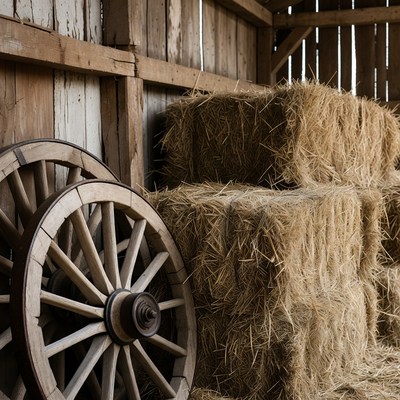 Hay Bales and Wagon Wheel in Barn