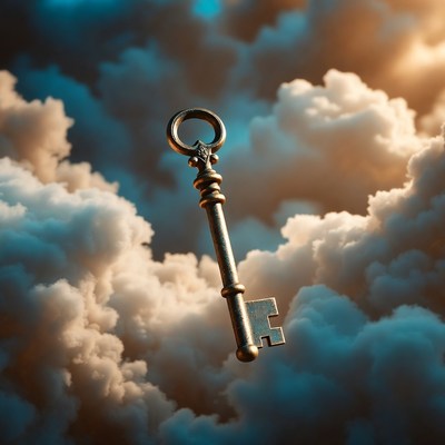 Golden key floating in clouds