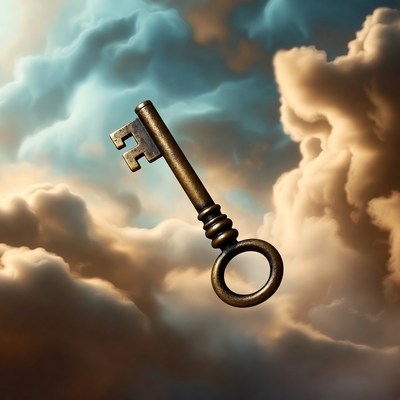 Bronze key floating in clouds