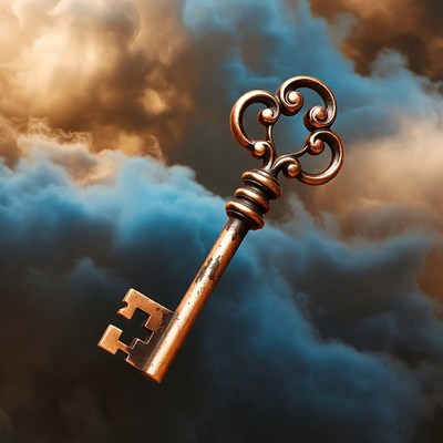 Vintage golden key floating in clouds