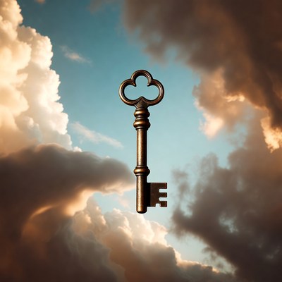 Bronze key floating in clouds