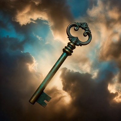 Vintage key floating in clouds