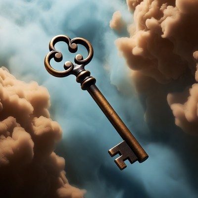 Bronze key floating in clouds