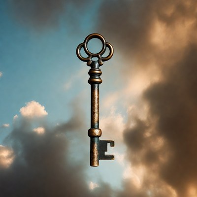 Vintage key floating in cloudy sky
