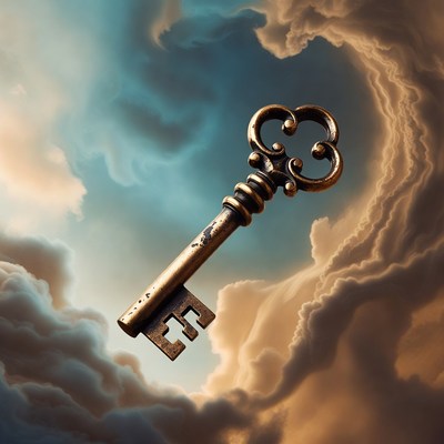 Vintage golden key in clouds