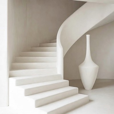 White Curved Staircase with Tall Vase