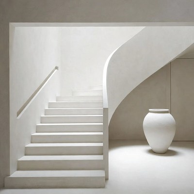 White Spiral Staircase with Ceramic Vase