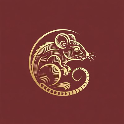 Golden Rat Illustration on Red Background