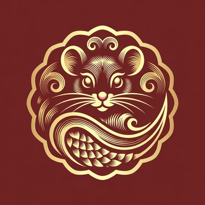 Golden Rat Illustration on Red Background