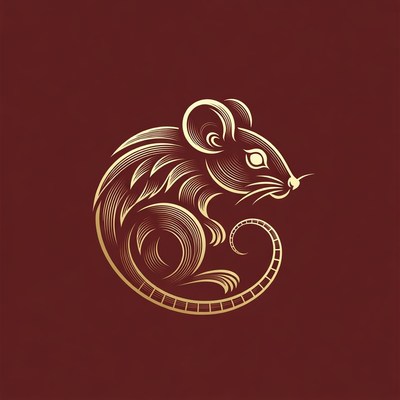 Golden Rat Illustration on Red Background