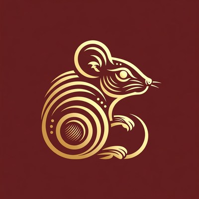 Golden Rat Illustration on Red Background
