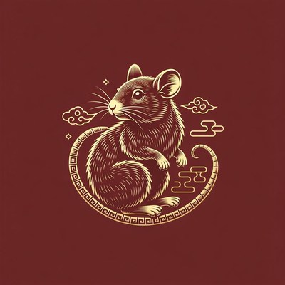 Golden Rat Illustration on Red Background