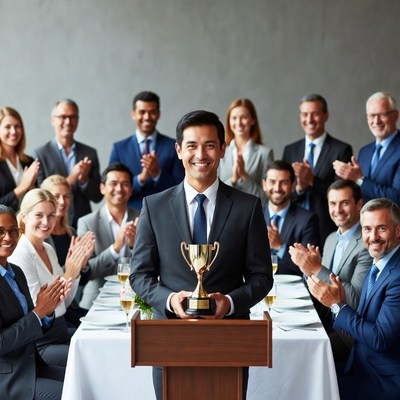 Man holding trophy with applauding colleagues