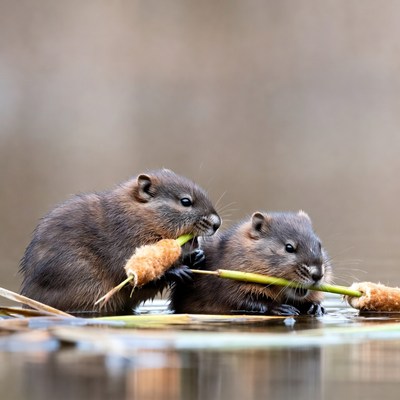 Two baby muskrats chewing reeds