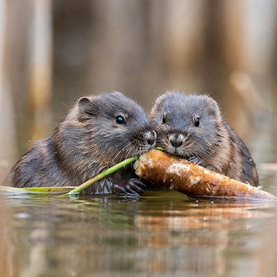 Two otters eating carrot in water