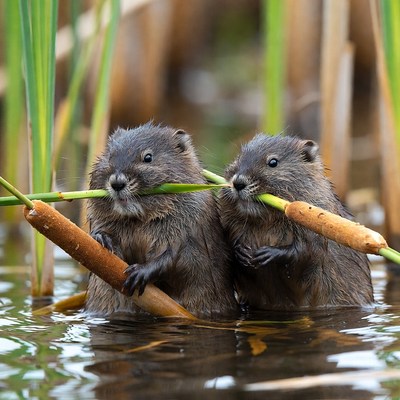 Two muskrats chewing reeds in water