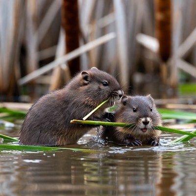 Two nutria playing with reed in water