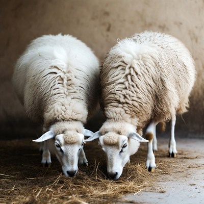 Two white sheep eating hay