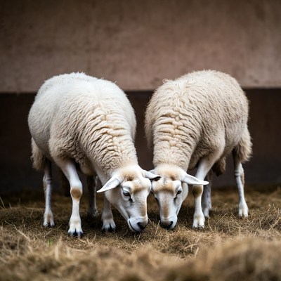 Two sheep eating hay