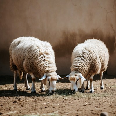 Two white sheep eating hay