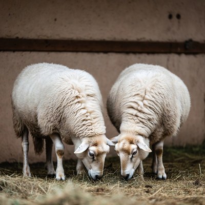 Two Sheep Eating Hay