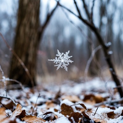 Snowflake in snowy forest