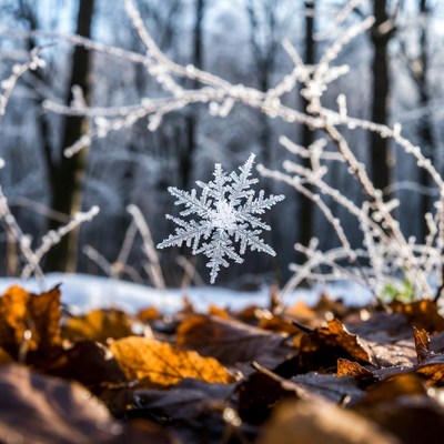 Snowflake on frosty forest branches