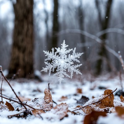 Snowflake in snowy winter forest