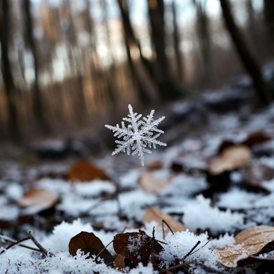 Snowflake on snowy forest leaves