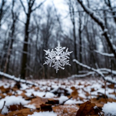 Snowflake on branch in snowy forest