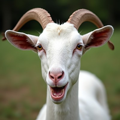 White goat smiling with horns