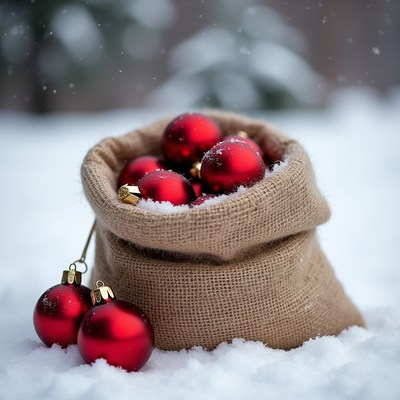 Red Christmas Ornaments in Snowy Burlap Sack