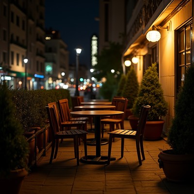Empty Outdoor Cafe Tables at Night