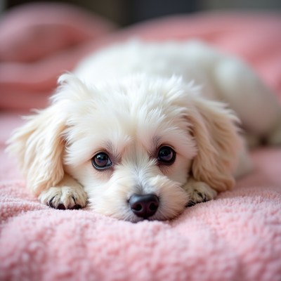 White fluffy puppy on pink bed