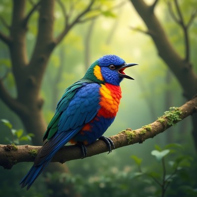 Colorful Bird Singing on Forest Branch
