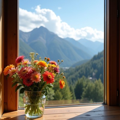 Colorful Flowers by Window Mountain View