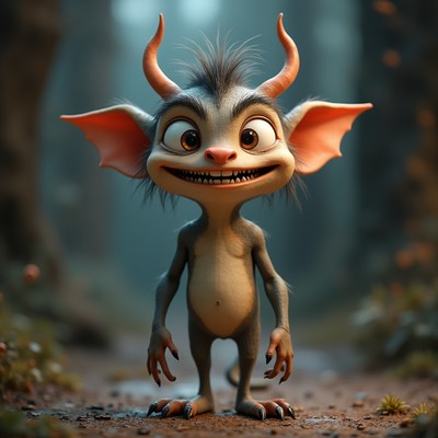 Cute cartoon imp in forest