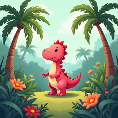 Cute pink dinosaur in jungle
