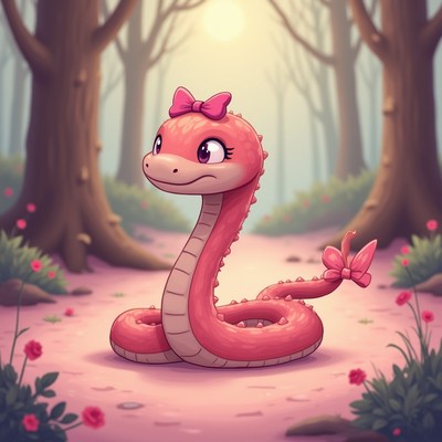 Cute pink snake with bow in forest