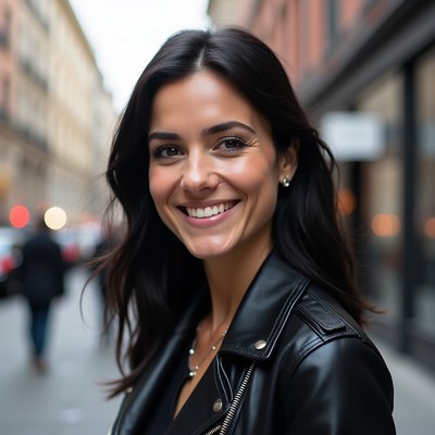 Smiling woman in leather jacket on street