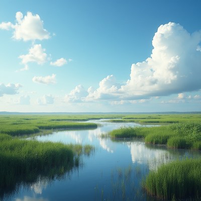 Marshland with winding river under blue sky
