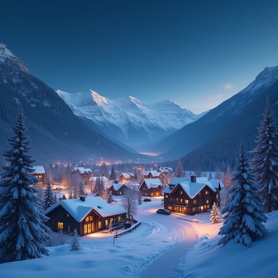 Snowy Mountain Village at Night