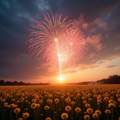 Fireworks over sunflower field at sunset