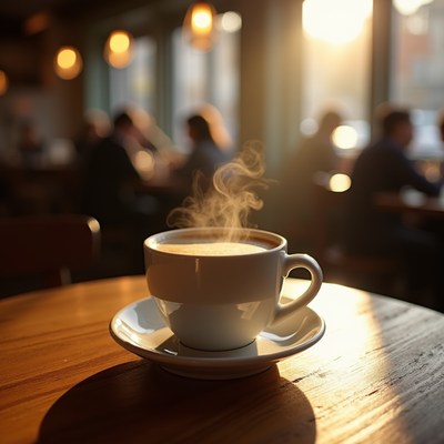 Steaming Coffee Cup on Table