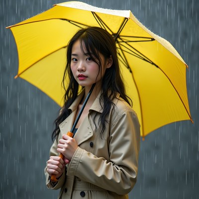 Asian woman with yellow umbrella in rain