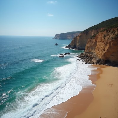 Ocean waves crashing on sandy beach cliffs